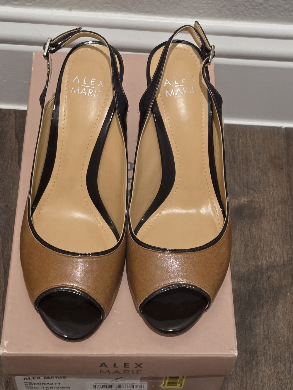 Alex Marie Women's Tan and Black Peep-Toe Slingback Heels Size 7.5 NWT